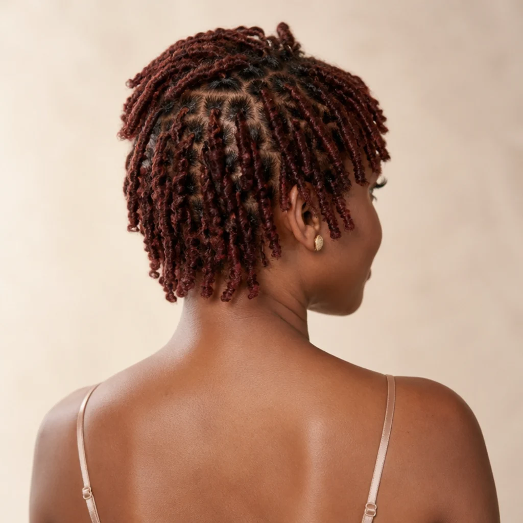 Auburn short butterfly locs styled to the ears, back view showing a warm brown-red tone and neat, even parting