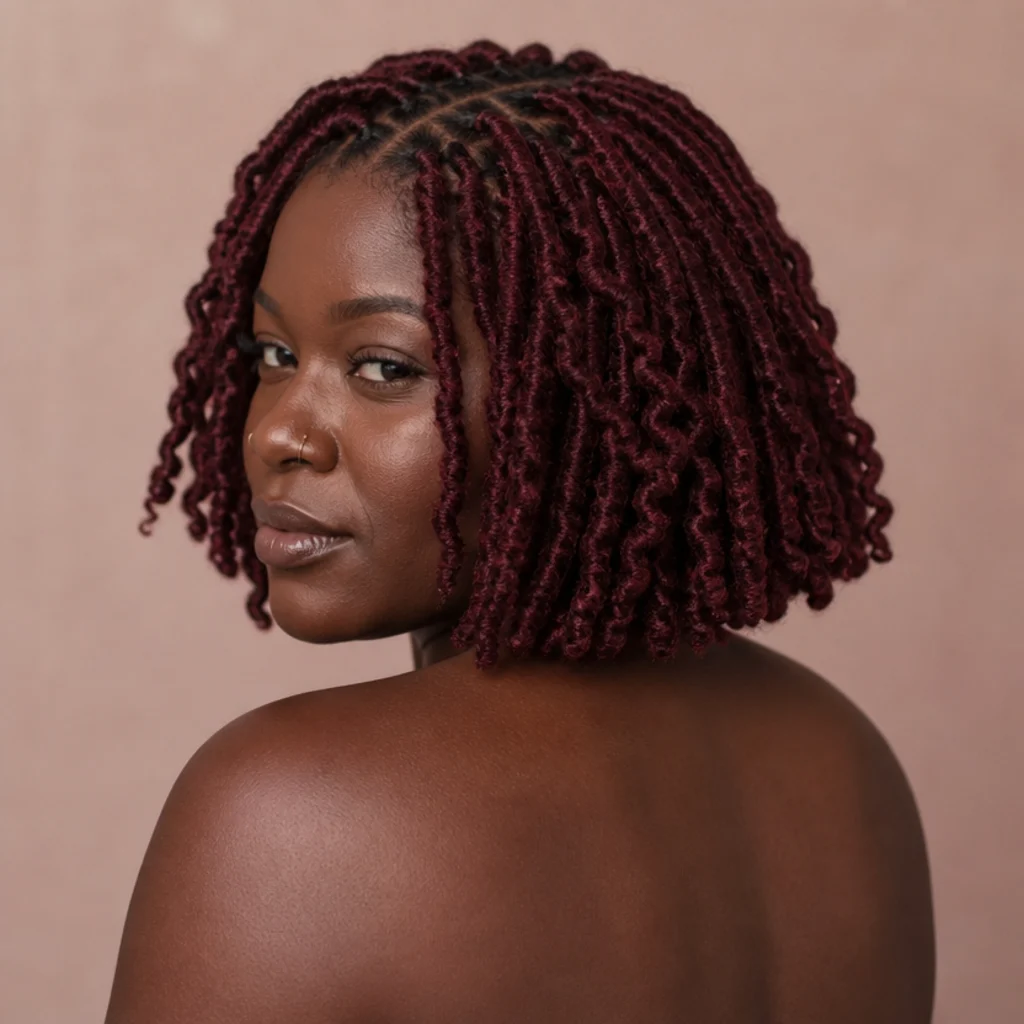 Burgundy butterfly locs cut into a blunt bob, three-quarter back angle showing deep wine-red color and a clean hemline