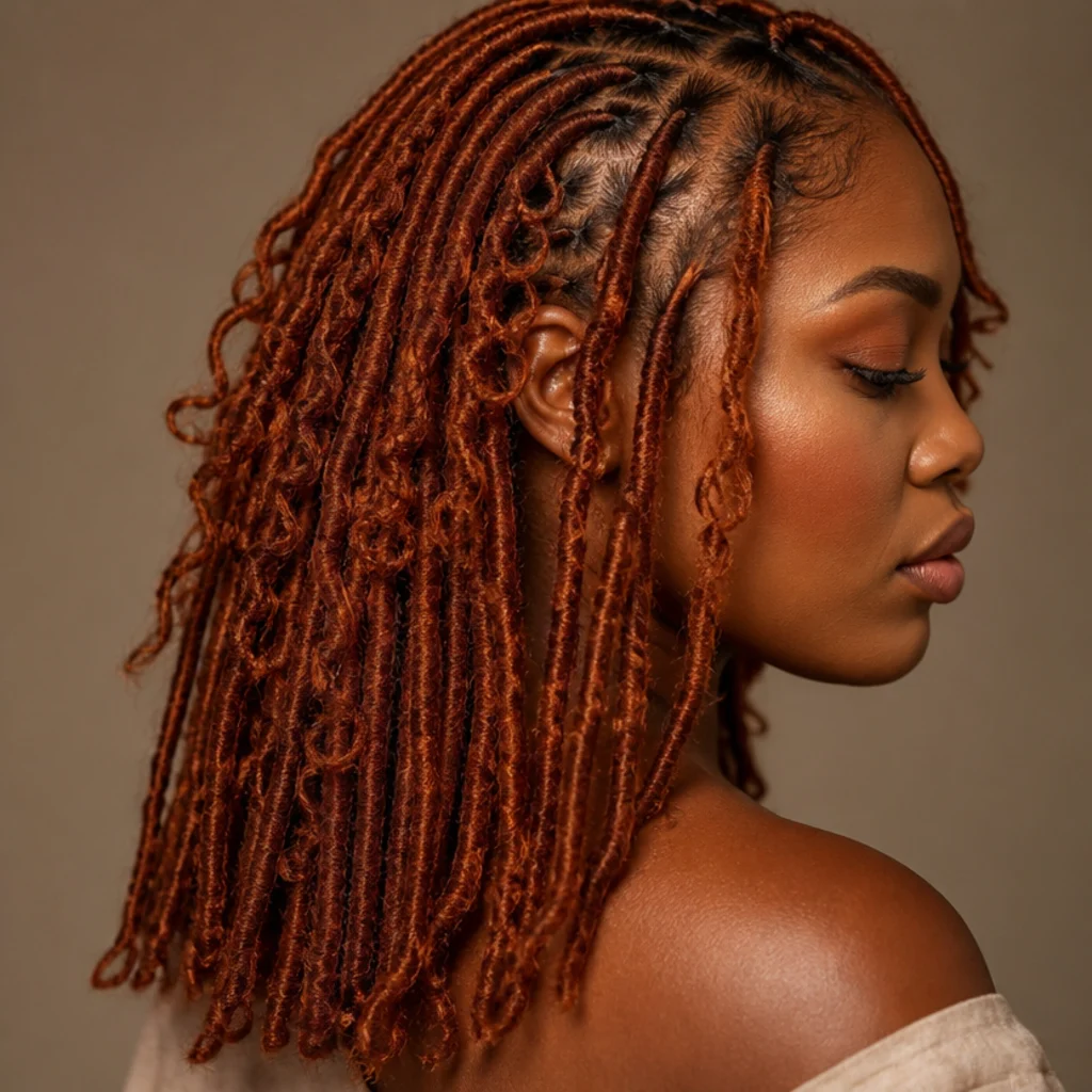 Copper-red butterfly locs with heavy distressed texture, side profile on a Black woman with medium-brown skin, loops catching the light