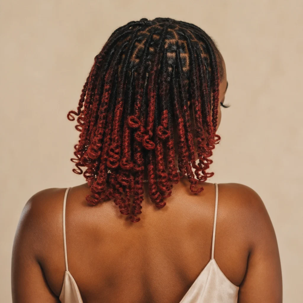 Short butterfly locs with dark roots melting into bright cherry ends, back view showing a smooth ombre gradient