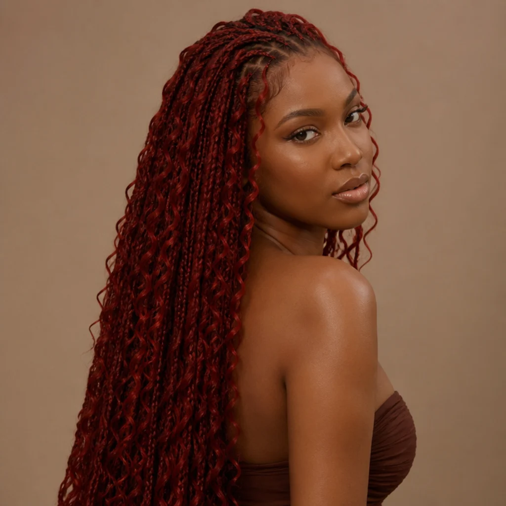 Waist-length crimson butterfly locs on a Black woman, three-quarter back angle showing long, loose distressed loops falling past the waist