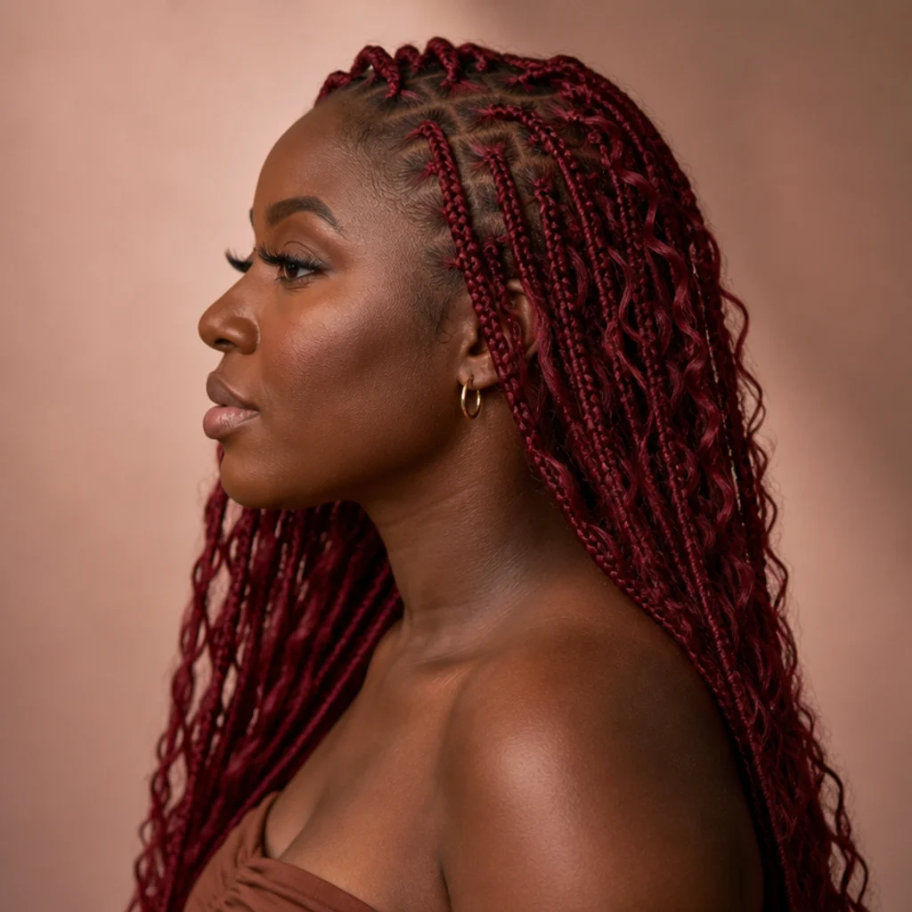 Ruby-red butterfly faux locs, side view highlighting the jewel-toned wrap and loose, airy texture