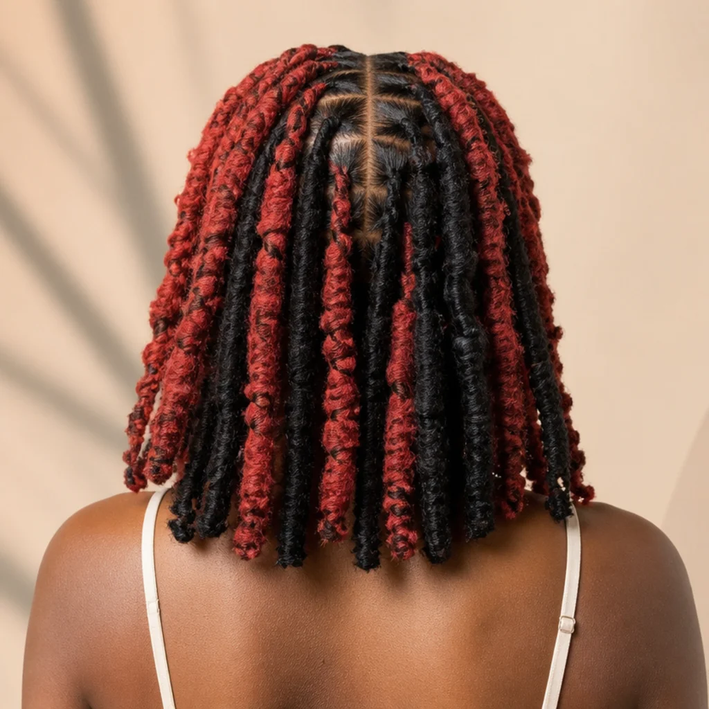 Two-tone butterfly locs alternating red and black strands, back view on a Black woman with a clean center part