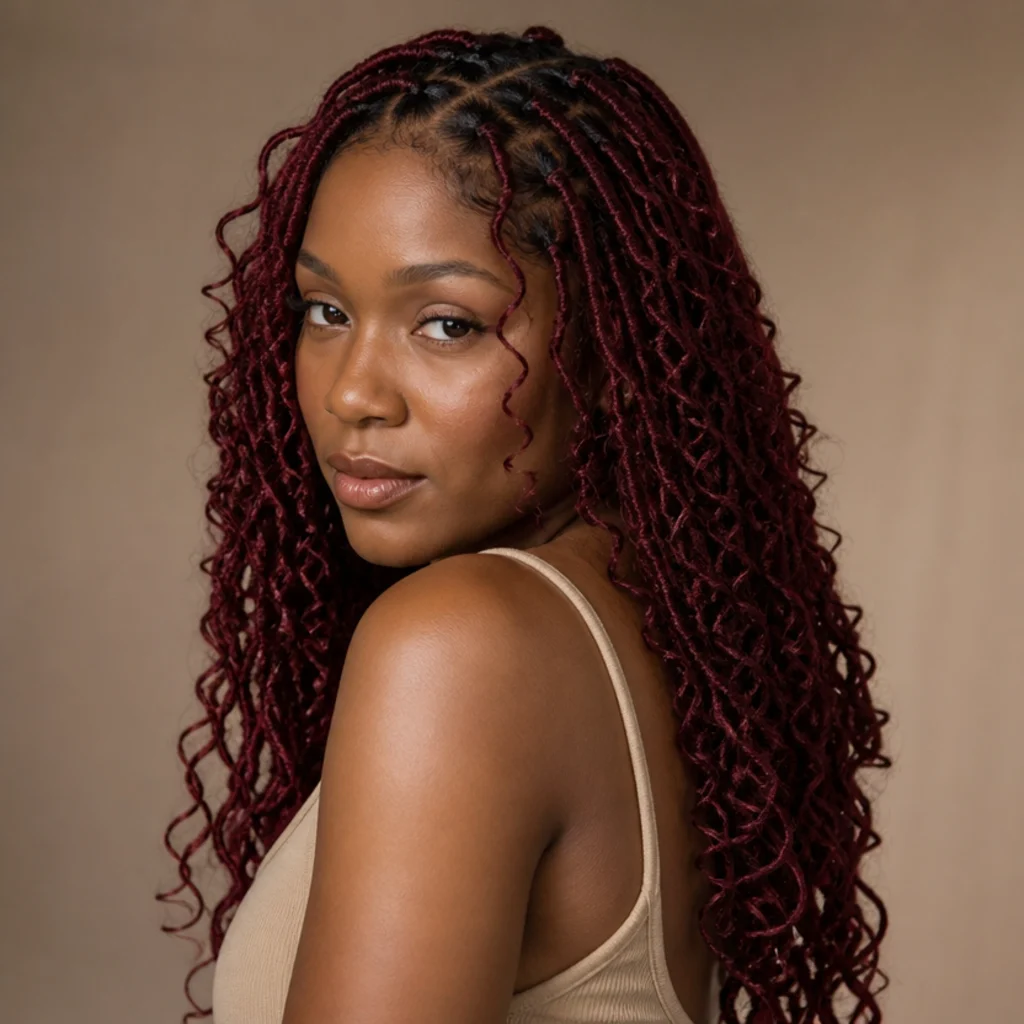 Wine-red butterfly locs reaching mid-back, three-quarter side angle showing a deep, muted red tone