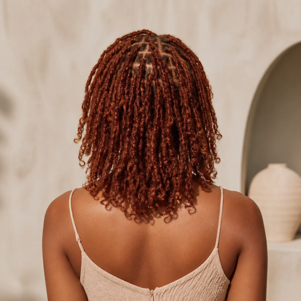 Ginger-red butterfly locs grazing the shoulders, back view showing a warm, natural-looking strawberry-red on medium skin