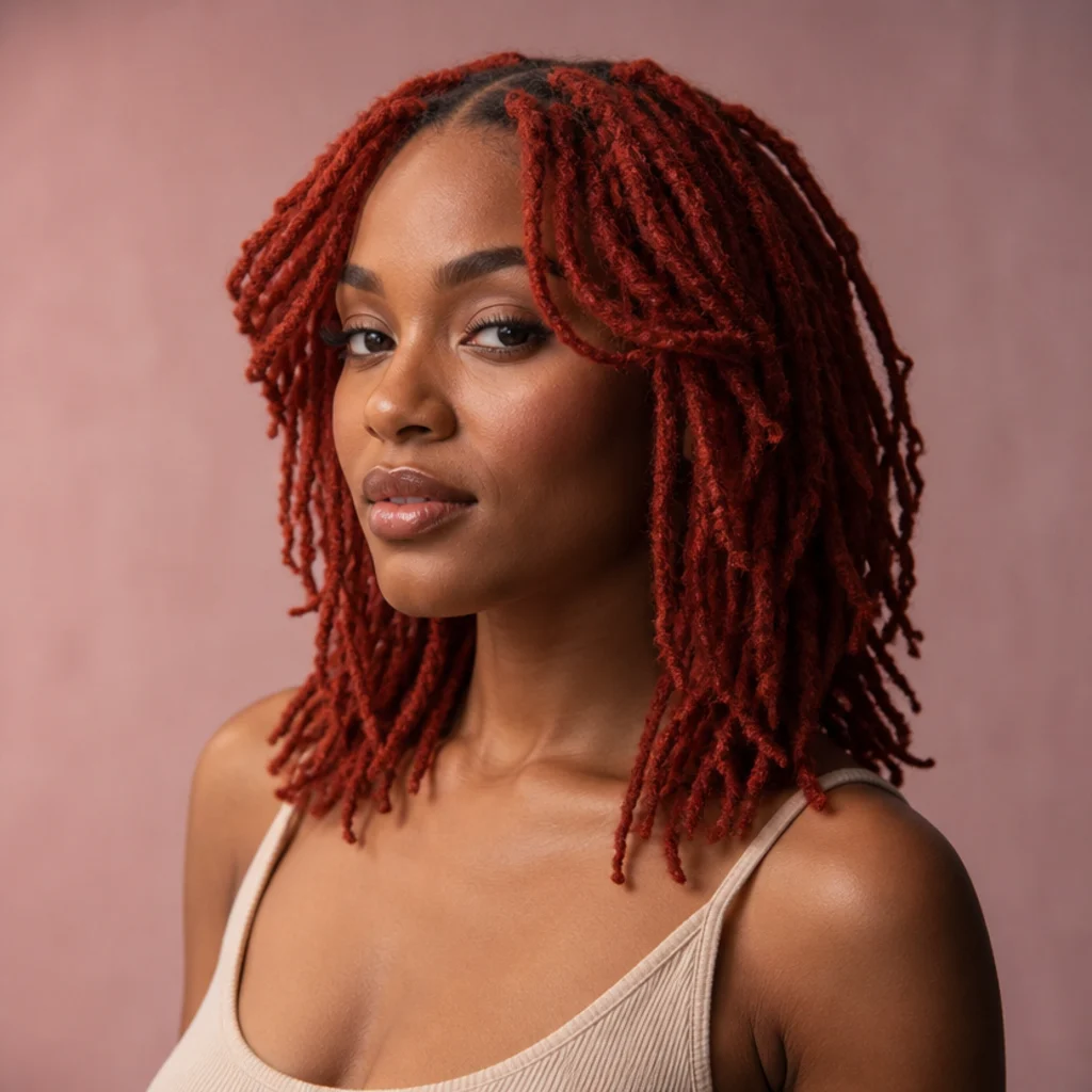 Red butterfly locs styled with soft curtain bangs framing the face, three-quarter front-side angle