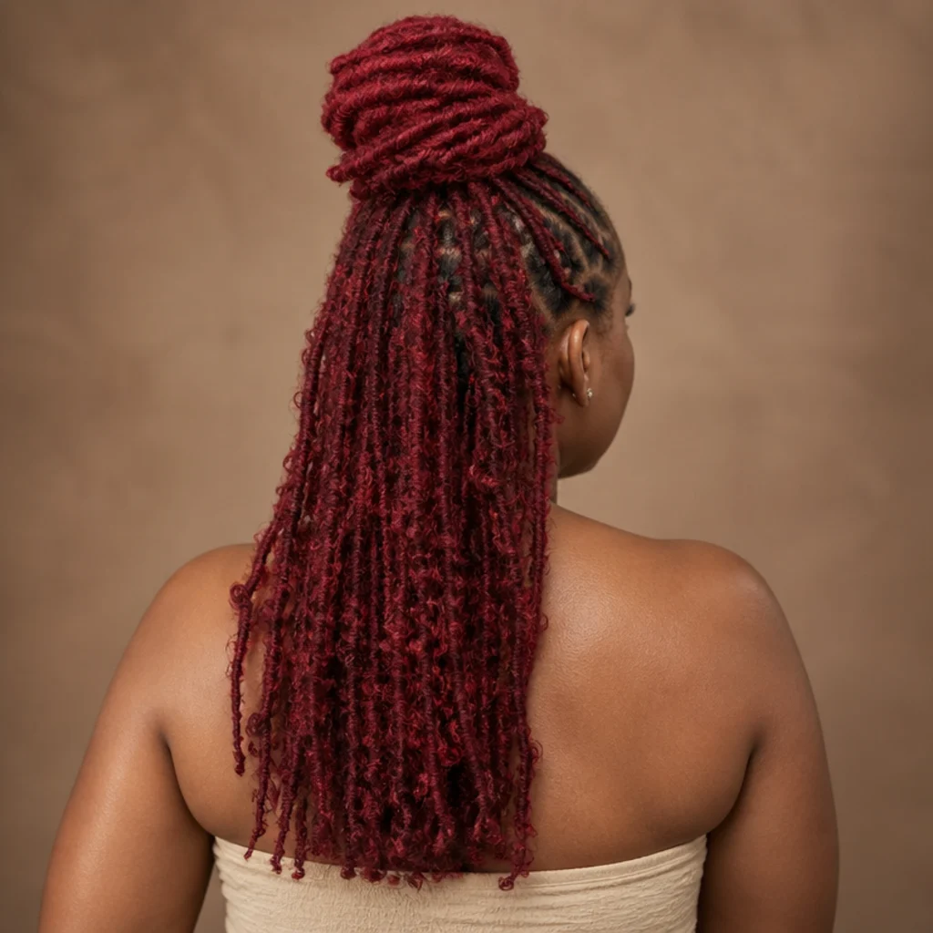 Red butterfly locs pulled into a half-up bun, back view showing the topknot and loose locs falling below