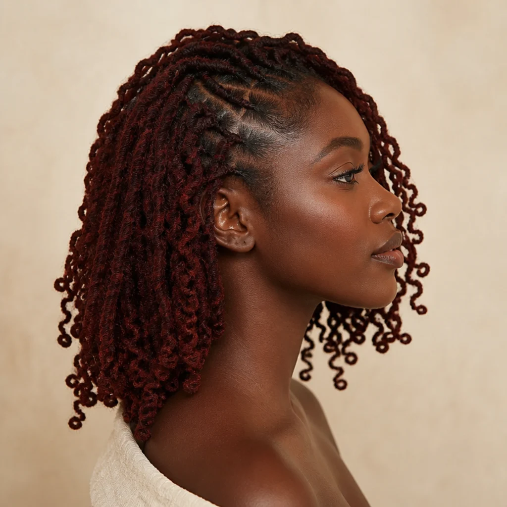 Mahogany butterfly locs with a brown-red depth, side profile on a Black woman with deep skin
