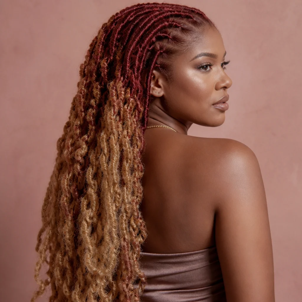 Butterfly locs with red roots fading into warm blonde ends, three-quarter back angle showing the gradient