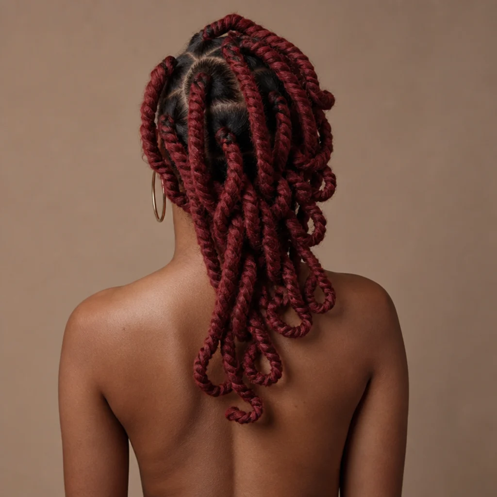 Chunky, thick red butterfly locs, back view emphasizing large loose loops and full volume