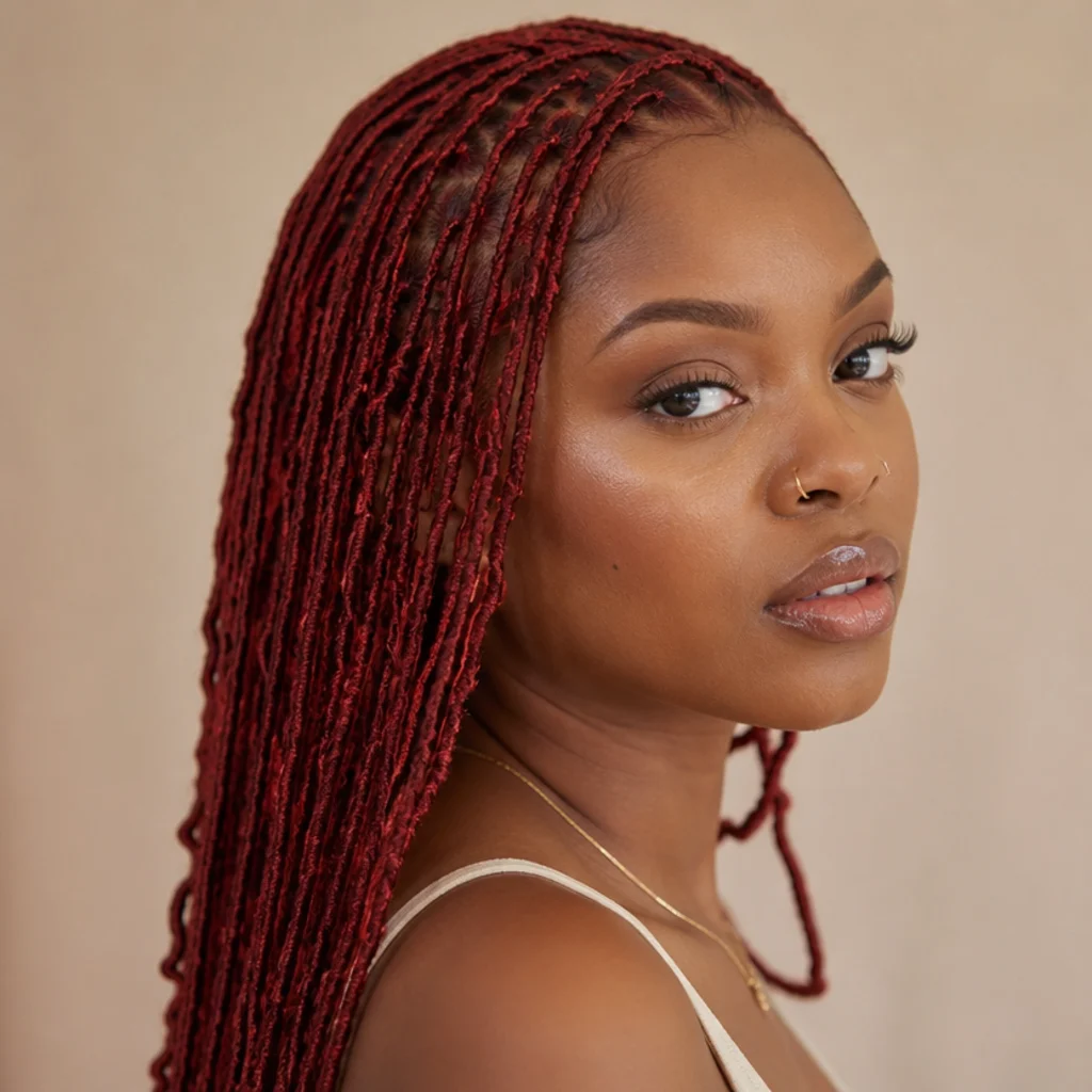 Micro-sized red butterfly locs, three-quarter side angle showing many fine, detailed locs