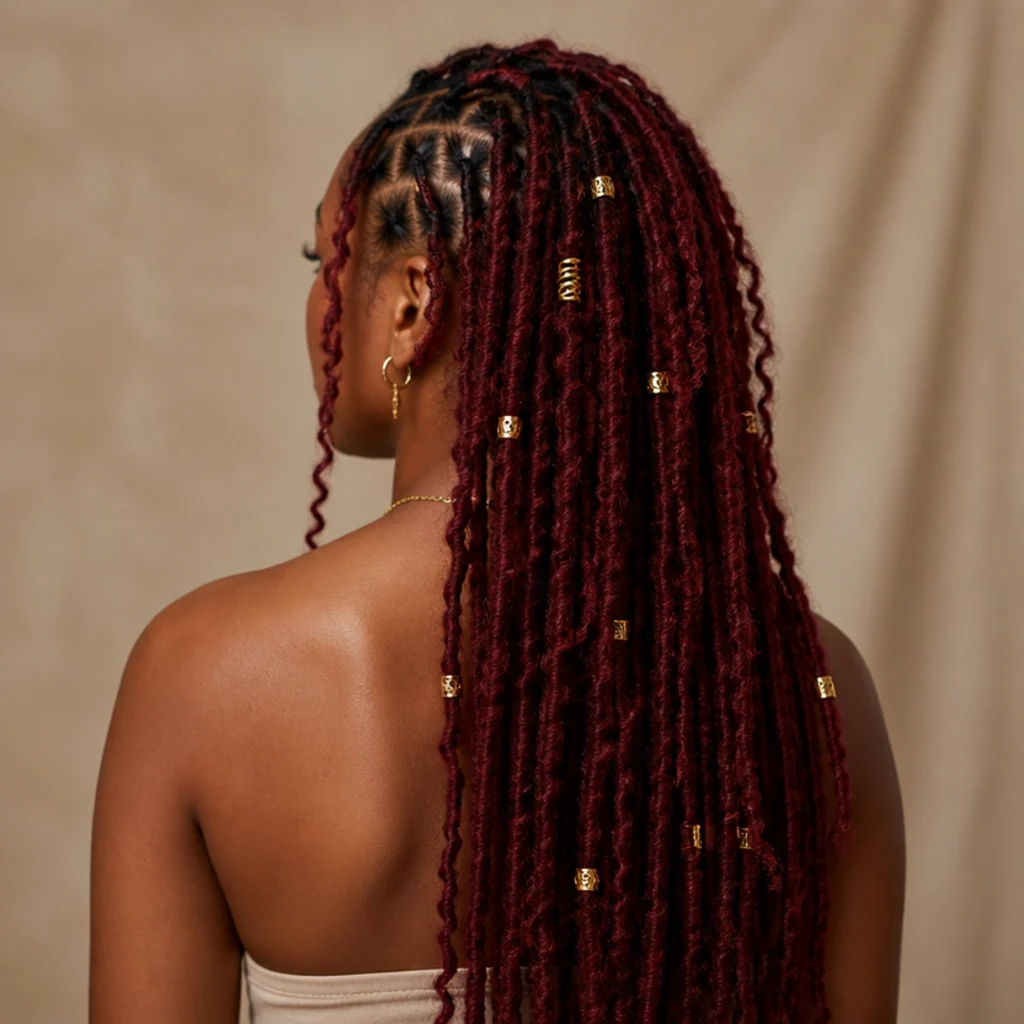 Red butterfly locs decorated with gold cuffs and rings, back view showing metallic accents scattered through distressed locs