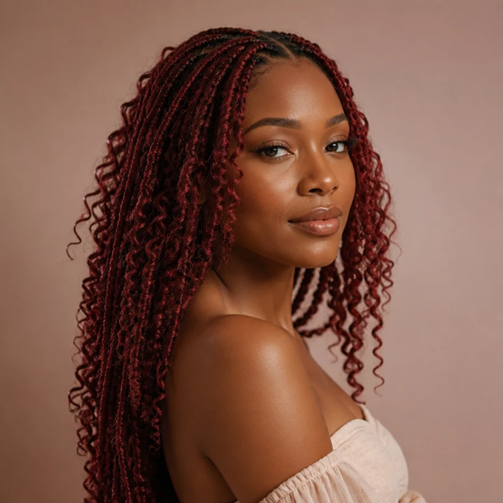 Strawberry-red bohemian butterfly locs with loose curly ends, three-quarter side angle