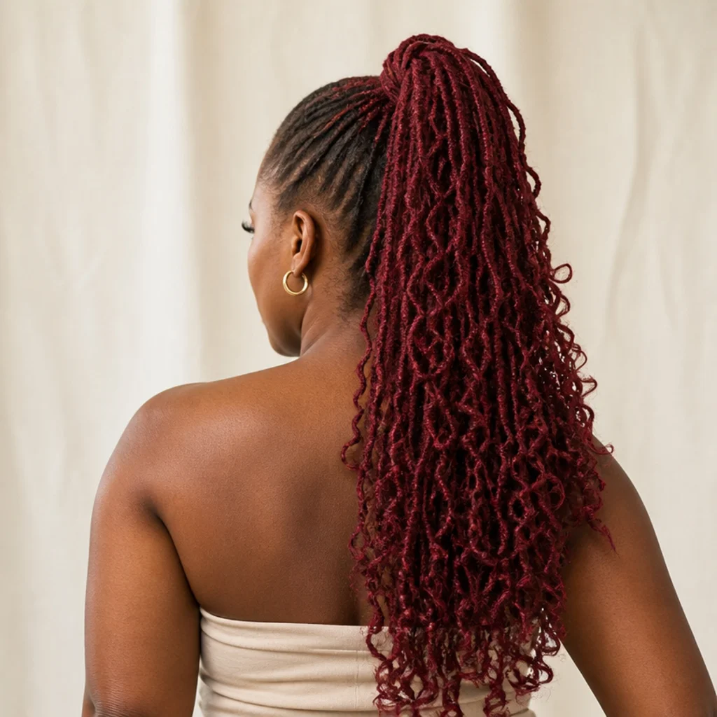 Deep cherry butterfly locs gathered into a high ponytail, back view showing a sleek base and cascading locs