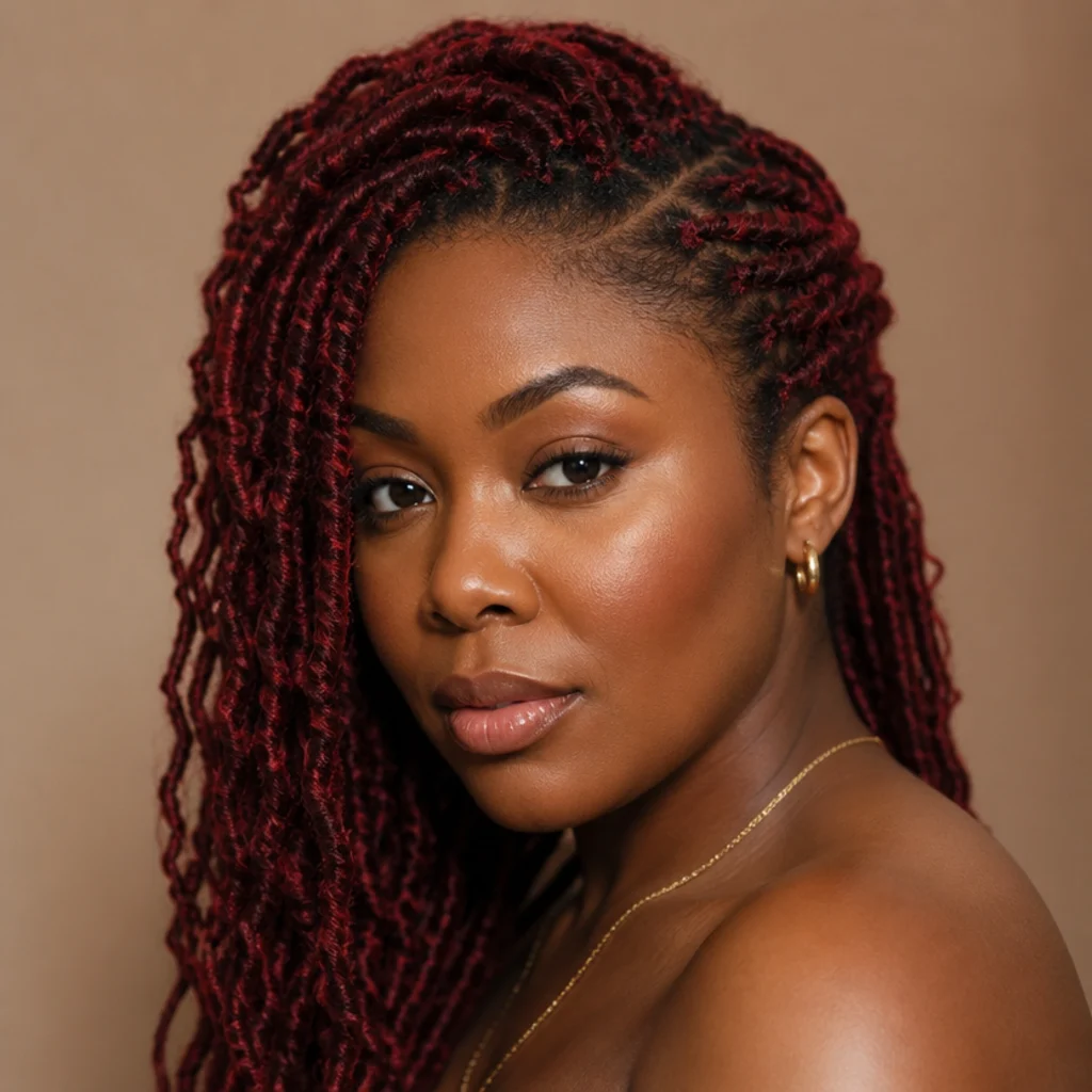 Red butterfly locs with a deep side part, three-quarter front-side angle showing volume swept to one side