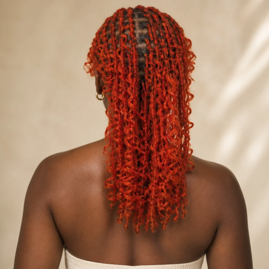 Fiery orange-red butterfly locs, back view showing bright, warm, high-saturation color