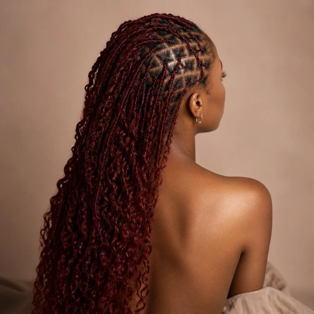 Red butterfly locs with neatly braided roots transitioning into loose locs, back view with clean parting