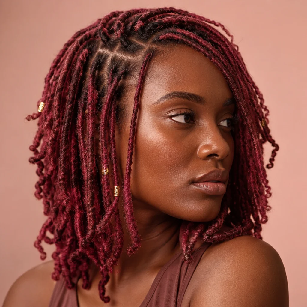 Berry-red butterfly locs with a pink-leaning red tone, three-quarter side angle on medium-deep skin
