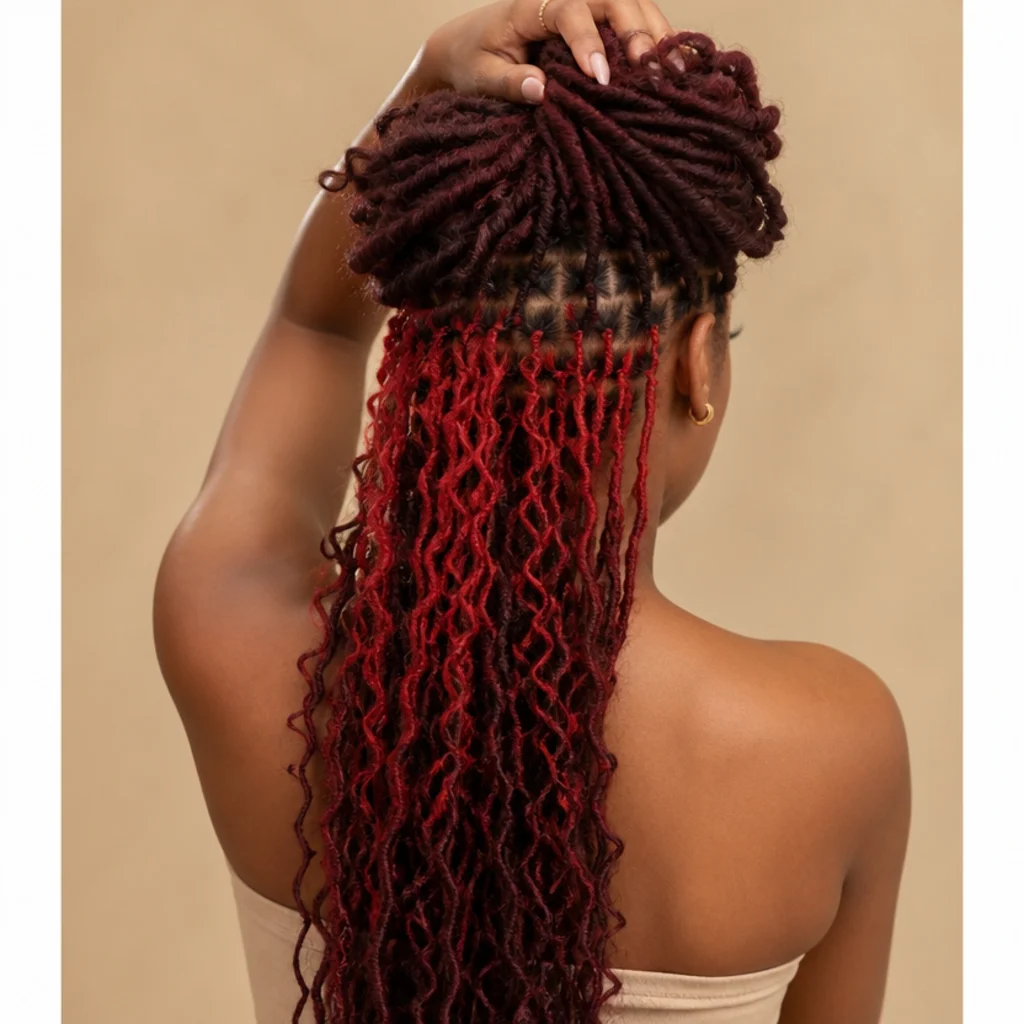 Butterfly locs in burgundy with bright-red peekaboo highlights underneath, back view revealing the hidden color