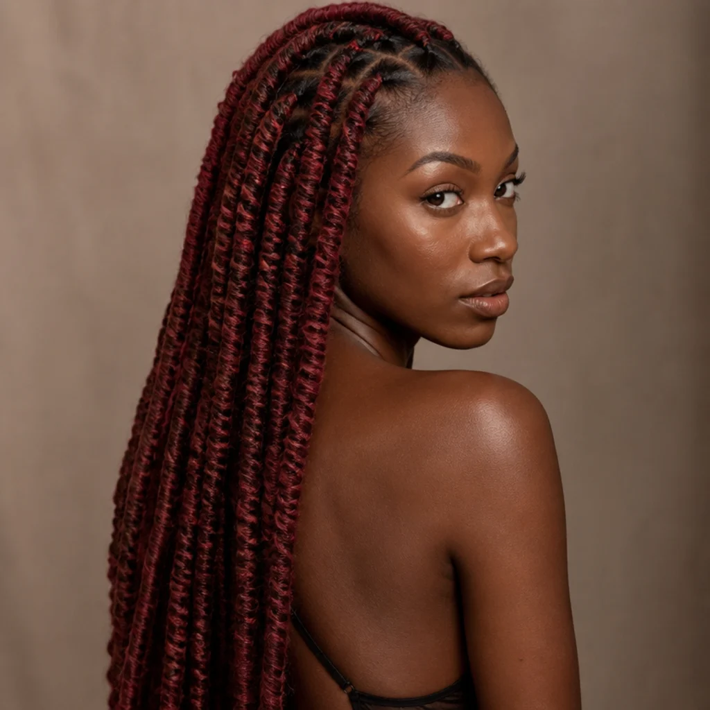 Long red butterfly locs finished with fishtail-style wrapping, three-quarter back angle showing intricate woven texture