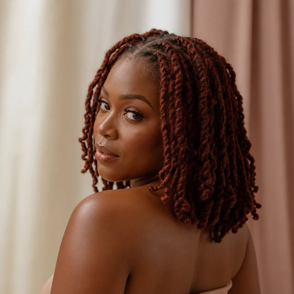 Black woman shown from a three-quarter back angle wearing shoulder-length red butterfly locs with a textured distressed finish