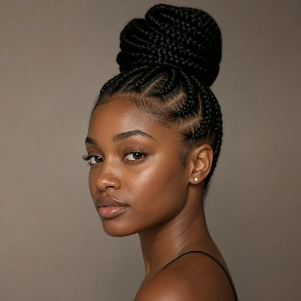 Black woman with long jumbo knotless box braids gathered into a large sculpted high bun on top of the head, three-quarter side angle, clean square parting visible along the scalp
