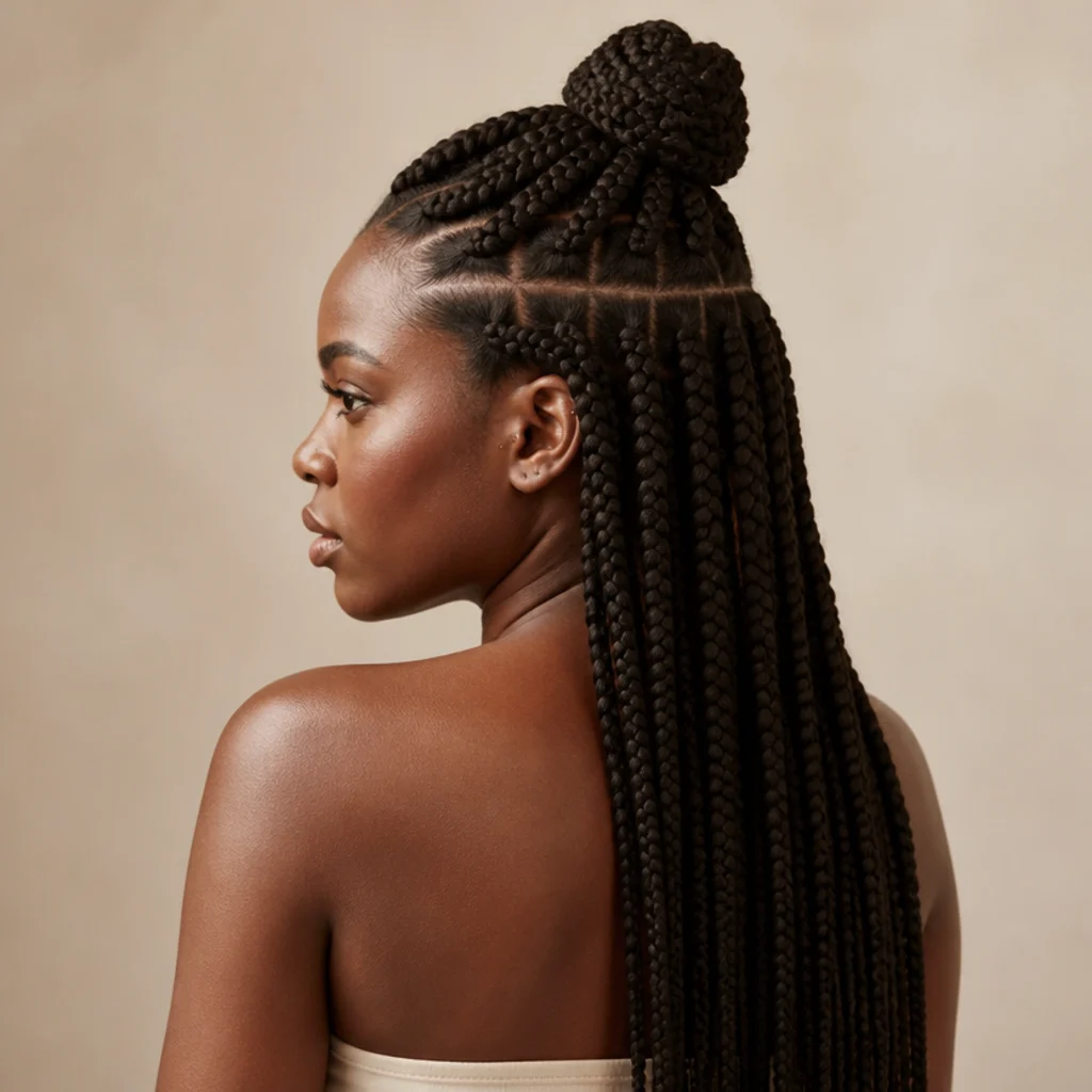Jumbo box braids styled half up into a top knot with the rest falling loose down the back, three-quarter back view against a warm ivory backdrop