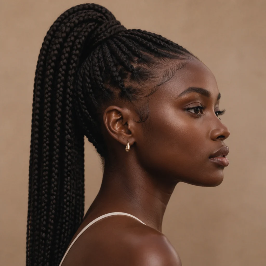 Long jumbo box braids pulled into a high ponytail with a wrapped base and sleek gelled edges, side profile on deep-brown skin against a taupe background