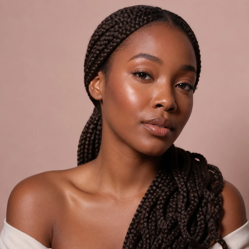 Jumbo box braids gathered into a low ponytail swept over one shoulder, three-quarter front angle in soft diffused light against a muted blush background