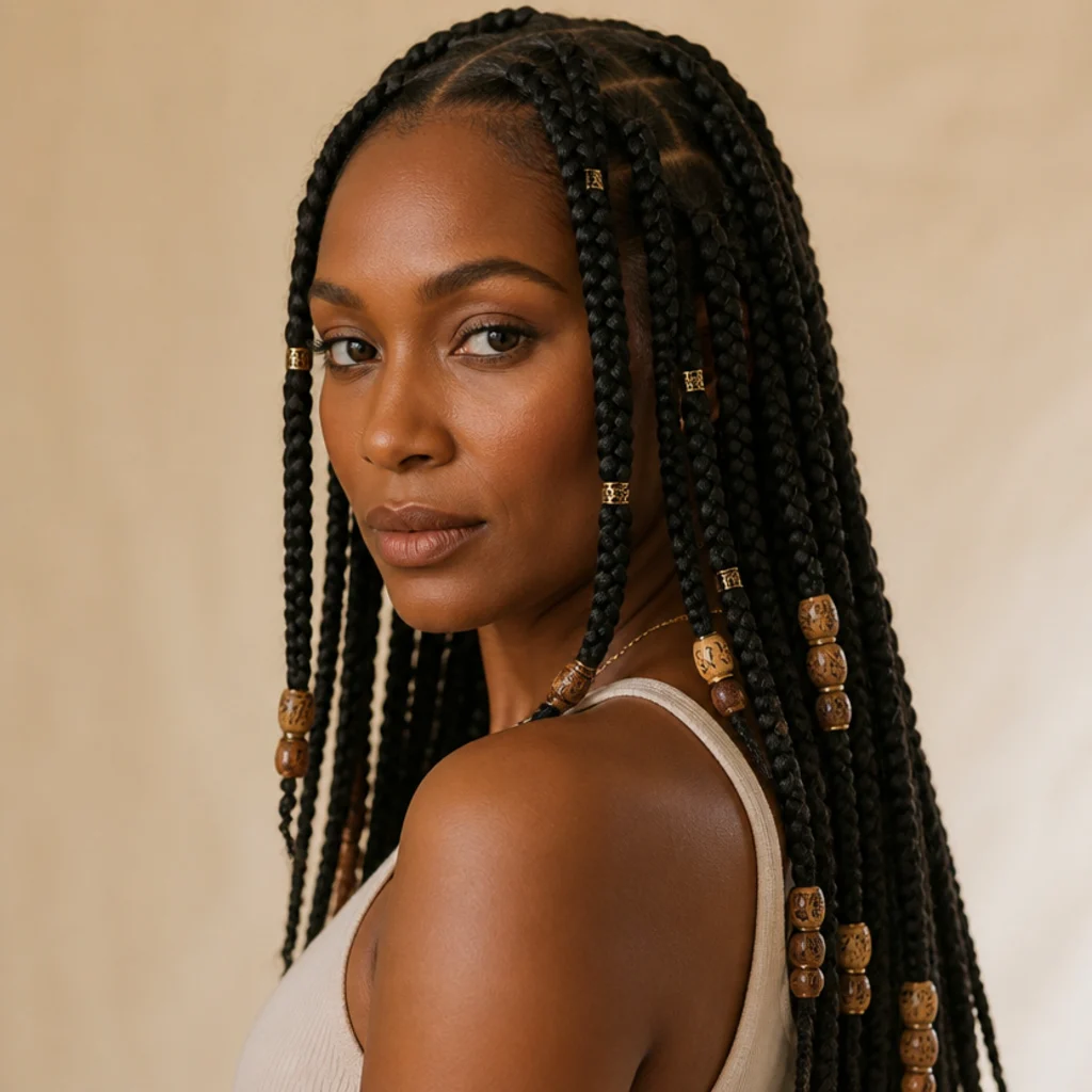 Jumbo box braids with wooden and gold beads threaded onto the ends, worn down, close three-quarter view showing the beaded tips against a warm ivory background