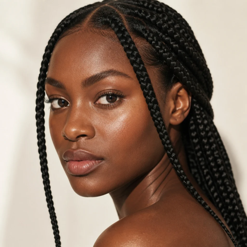 Jumbo box braids worn down with two braids left loose to frame the face, three-quarter front angle with a clean center part in soft studio light