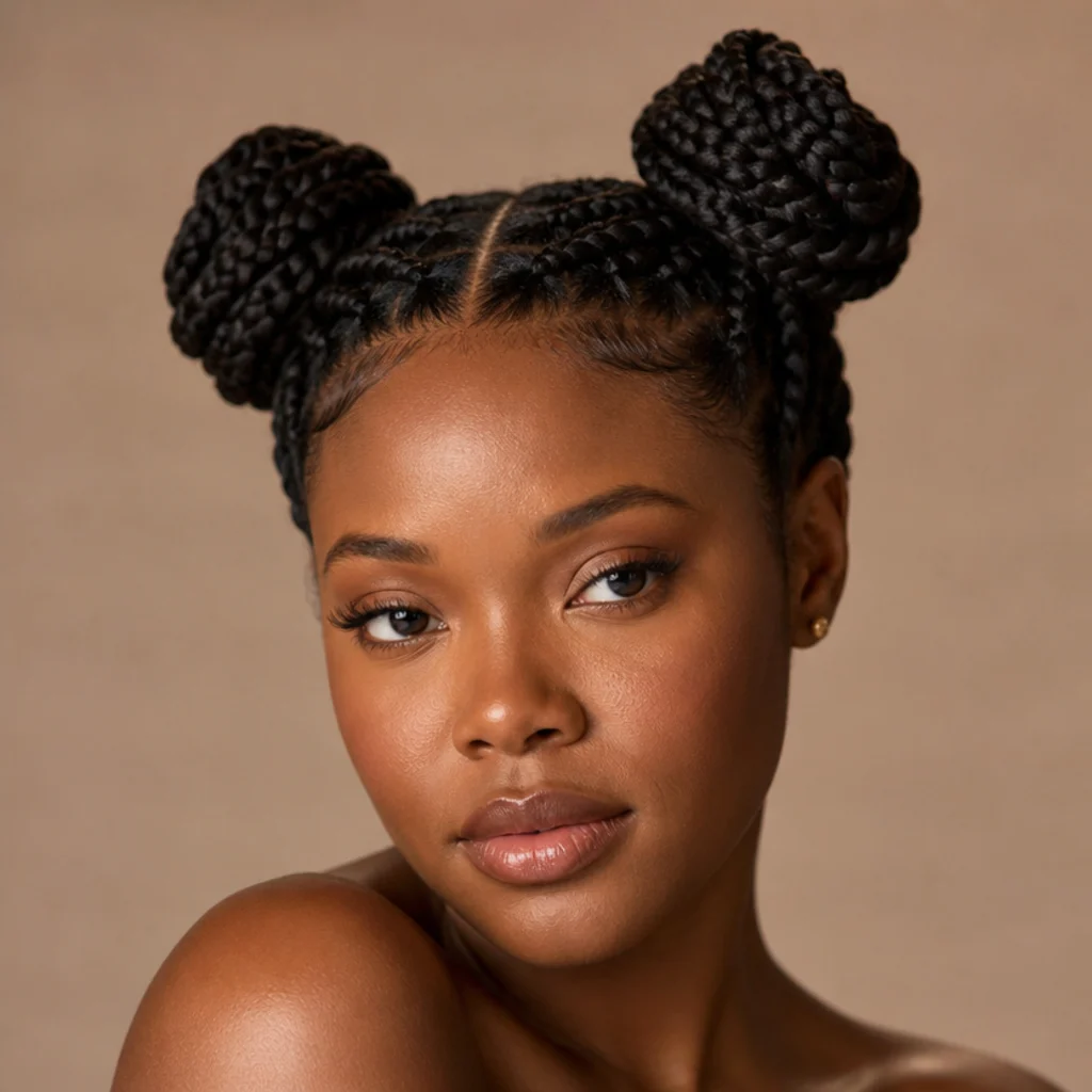 Jumbo box braids styled into two high space buns on either side of the head, playful three-quarter angle against a warm taupe background