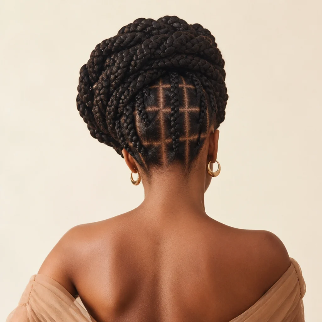 Jumbo box braids wrapped into a halo crown encircling the head, back view showing the braid ringing the crown over a clean parting against an ivory backdrop