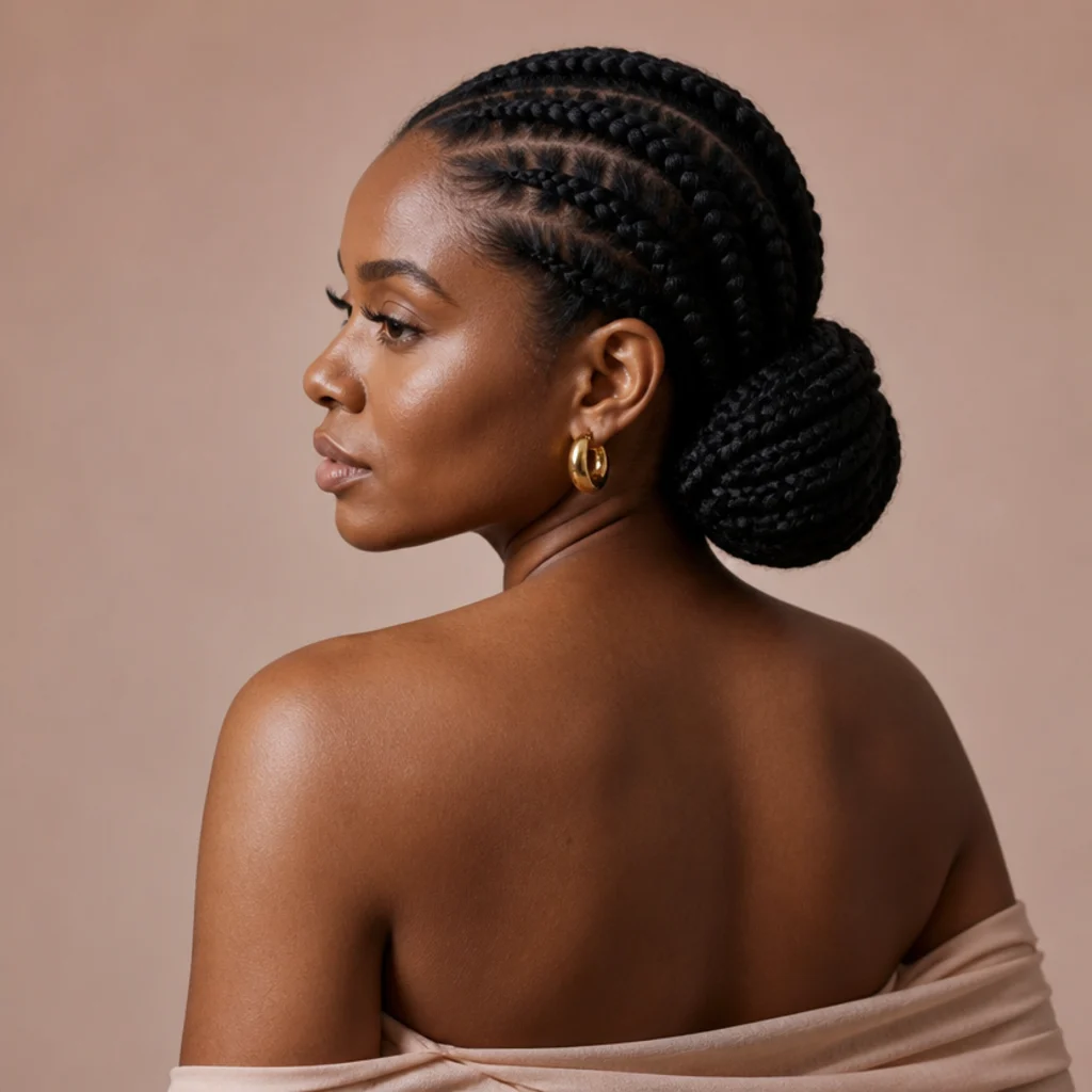 Jumbo box braids gathered into a smooth low chignon at the nape, elegant three-quarter back view in soft diffused light against a muted blush background