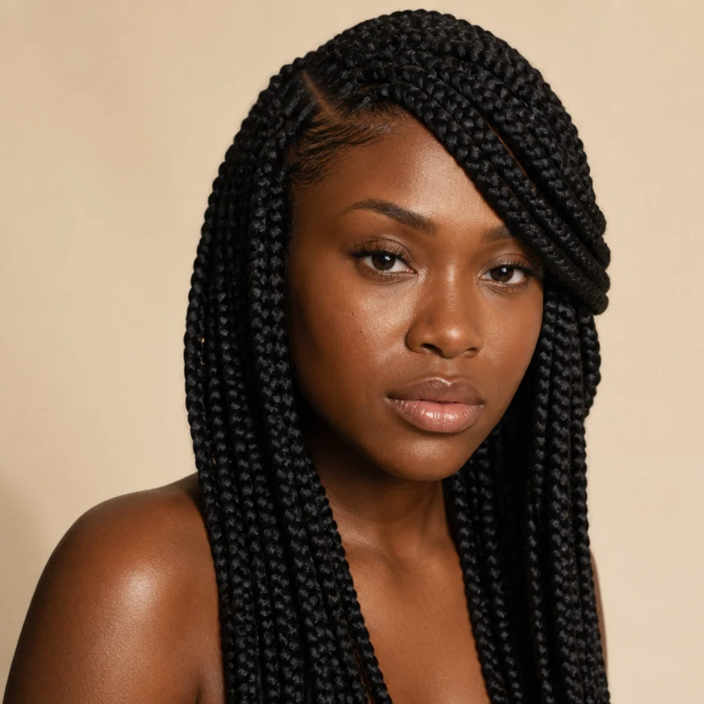 Jumbo box braids worn down with a deep side part and a dramatic swoop across the forehead, three-quarter front angle against a warm ivory background