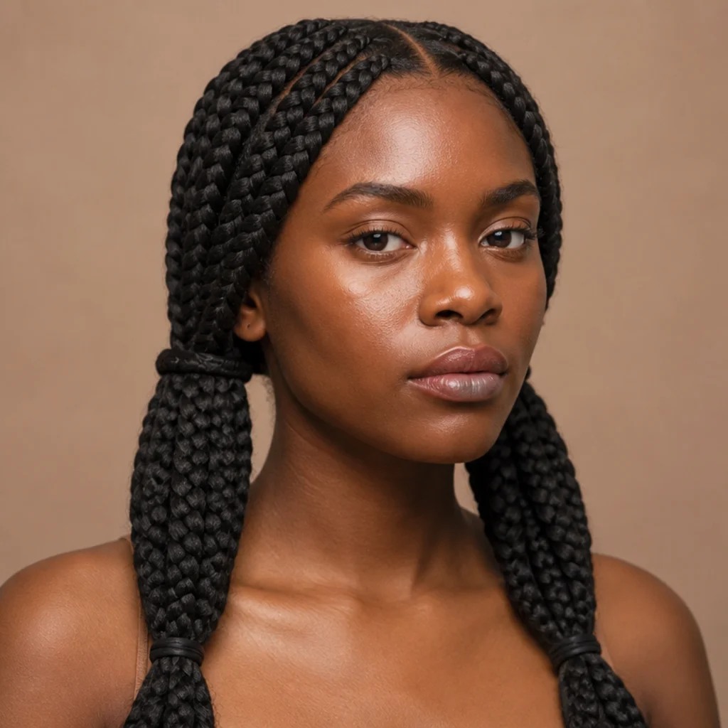 Jumbo box braids gathered into two large braided pigtails resting over the shoulders, three-quarter front angle with a clean center part against a taupe background