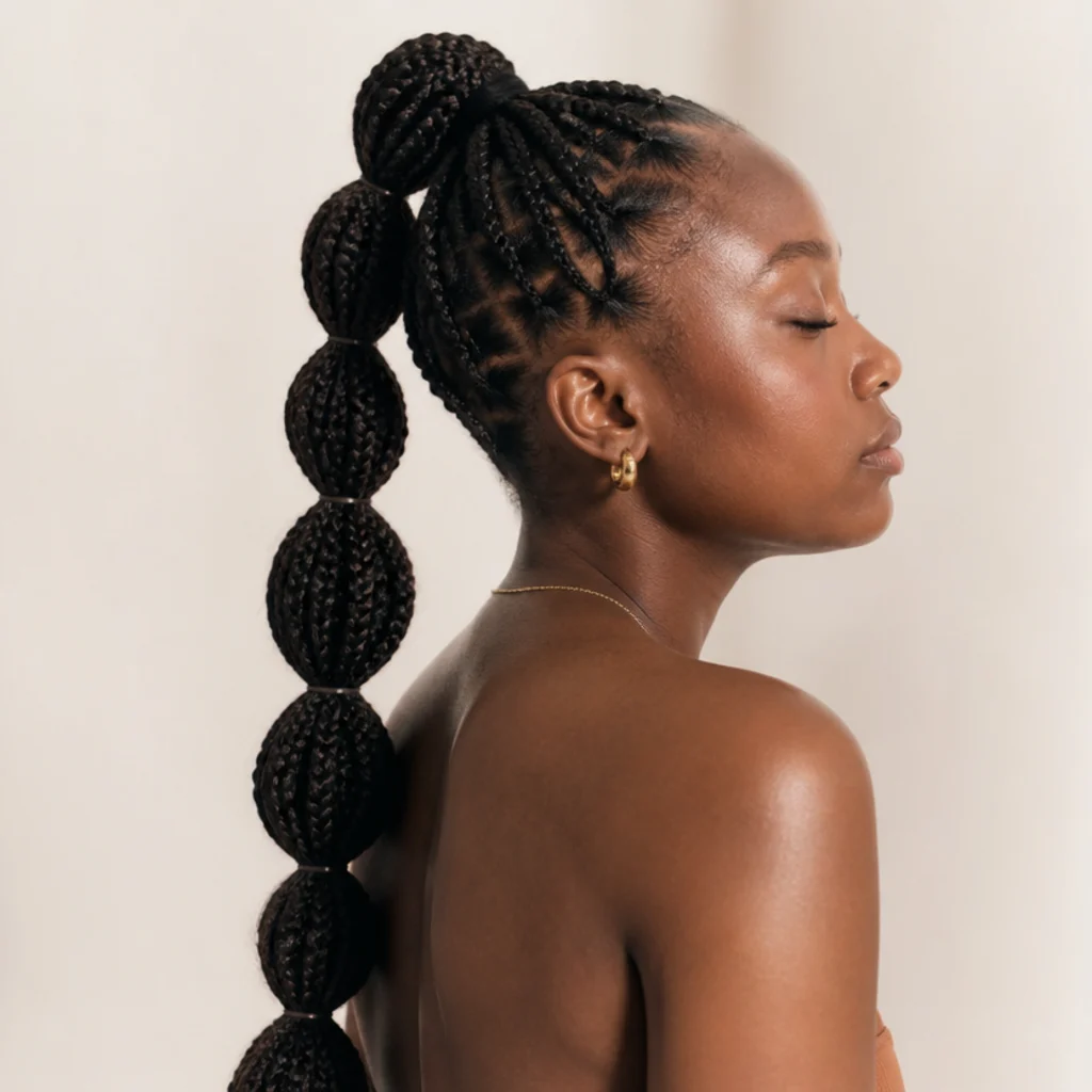 Jumbo box braids in a high ponytail sectioned into bubbles with small elastics down the length, playful side view against a warm ivory background