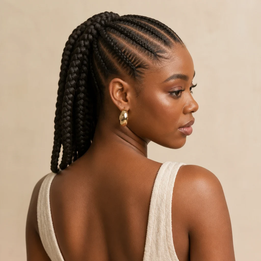 Jumbo box braids with the top half cornrowed straight back into the loose jumbo braids, three-quarter back view showing sleek cornrow rows blending to loose braids against an ivory backdrop