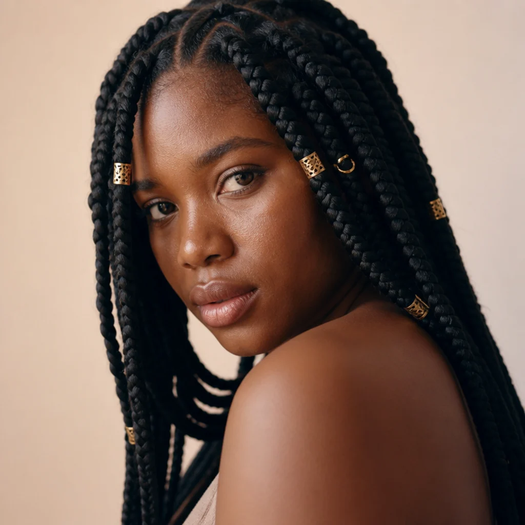 Jumbo box braids worn down accented with gold cuffs and rings along a few braids, close three-quarter view of the metallic accents in soft studio light