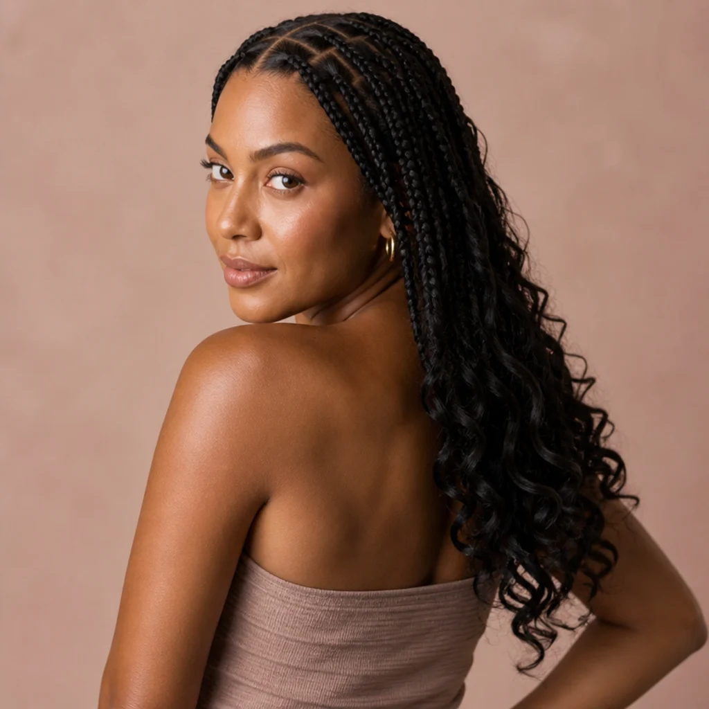 Jumbo box braids worn down with the last several inches curled into soft loose waves, three-quarter back angle against a warm blush background