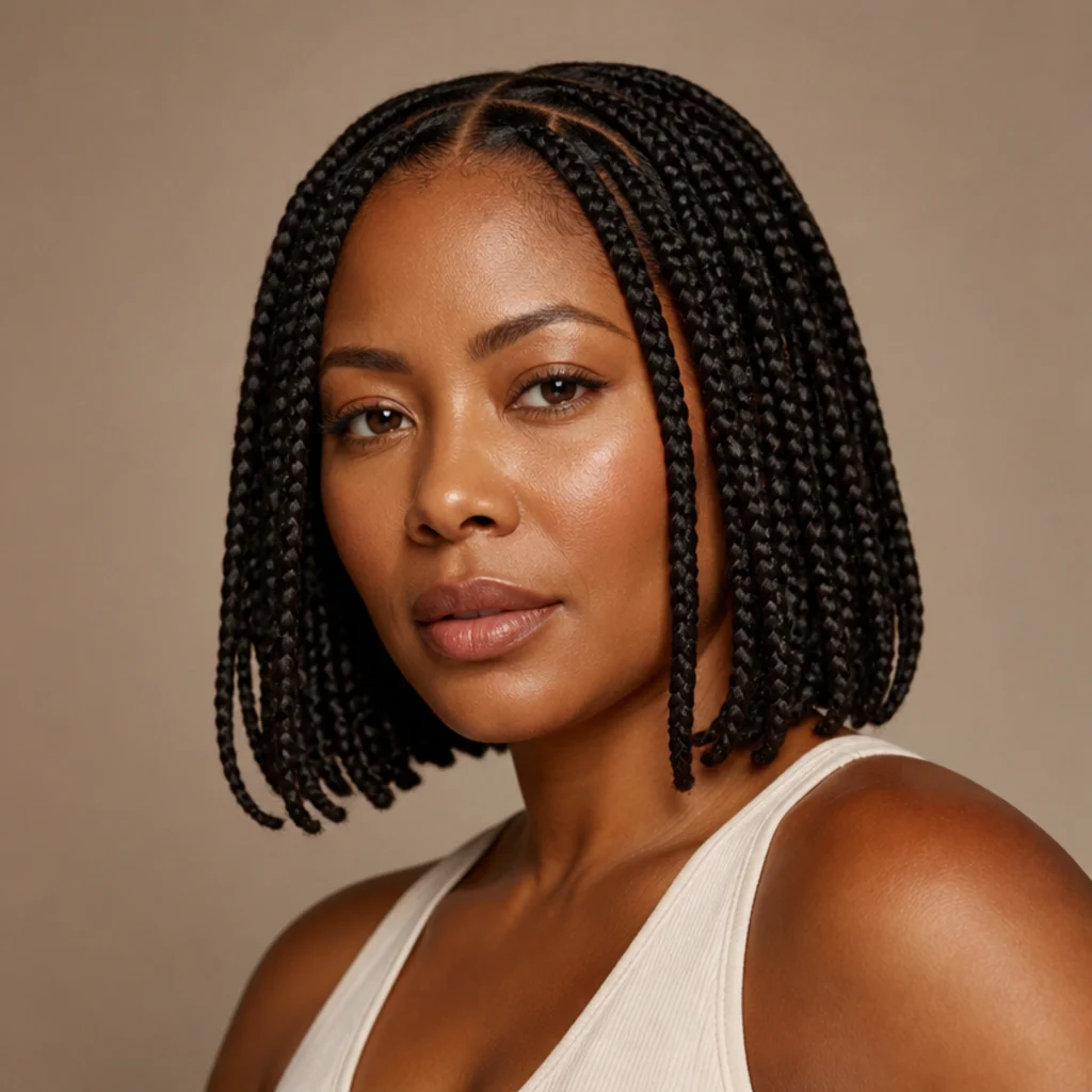 Medium jumbo knotless box braids cut to a chin-to-shoulder bob, worn down with a center part, three-quarter front angle against a taupe background