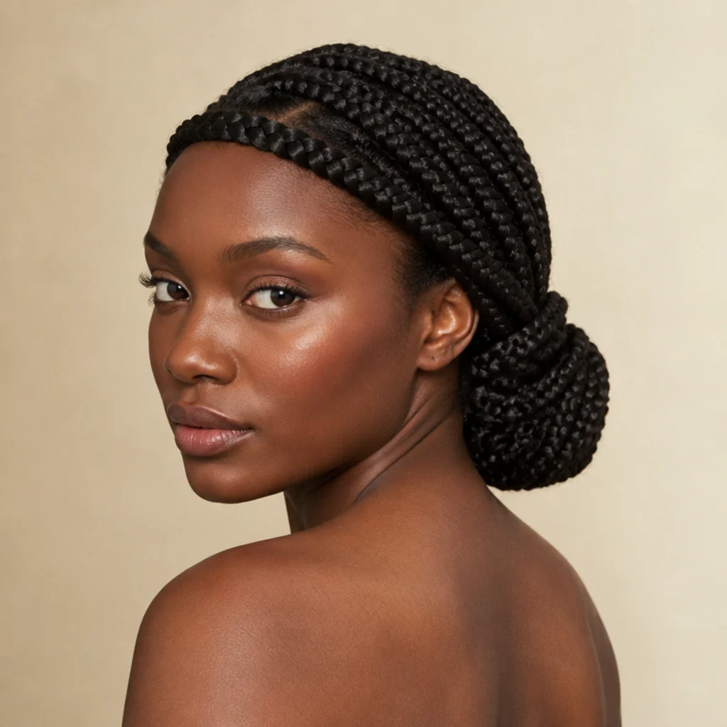 Jumbo box braids in a low bun with one braid wrapped around the head like a halo, elegant three-quarter back view in soft diffused light against an ivory backdrop