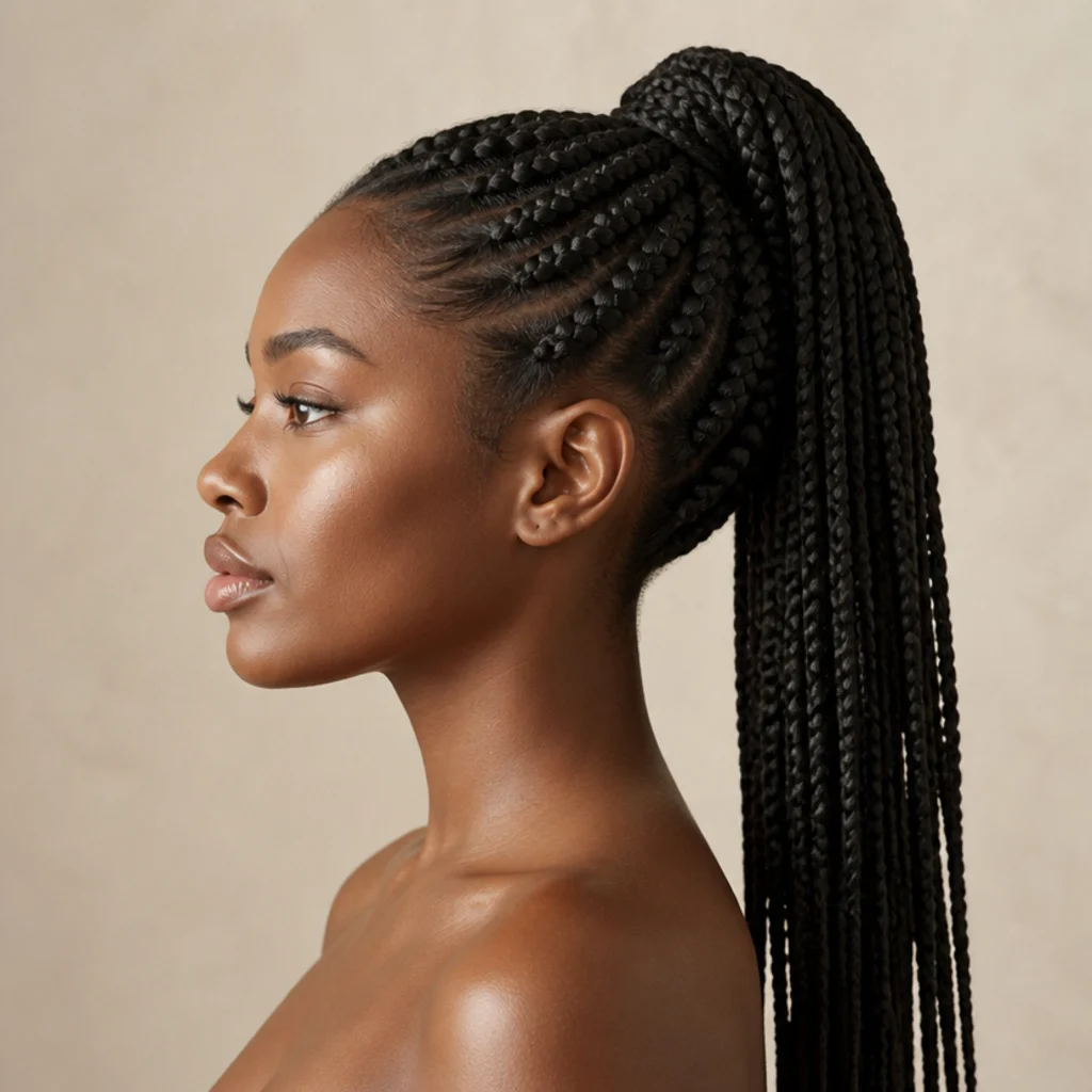 Jumbo box braids in a mid-height ponytail with a braid neatly wrapped around the base to hide the elastic, side view against a warm ivory background