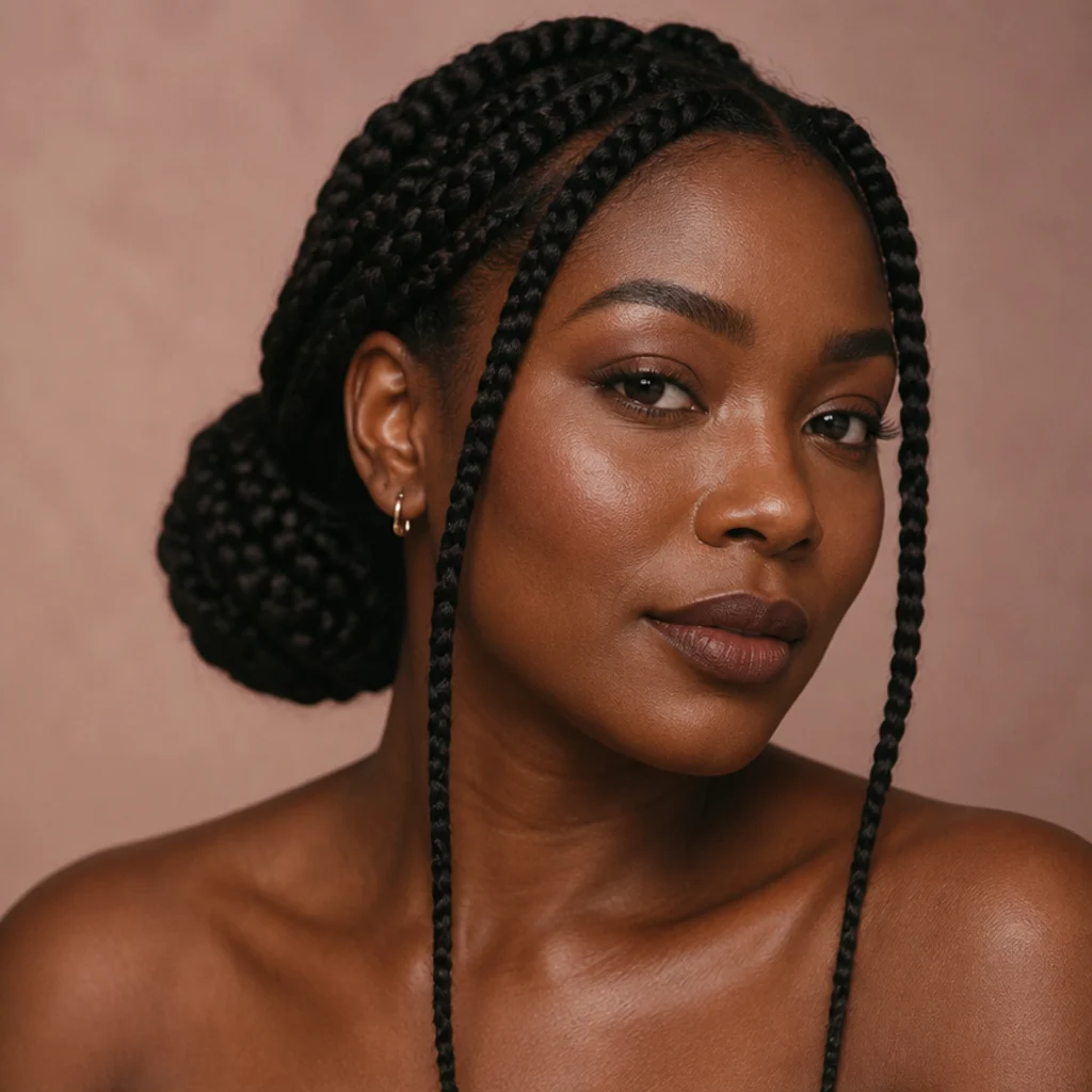 Jumbo box braids in a low side bun with two braids left loose to frame the face, three-quarter front angle in soft light against a muted blush background
