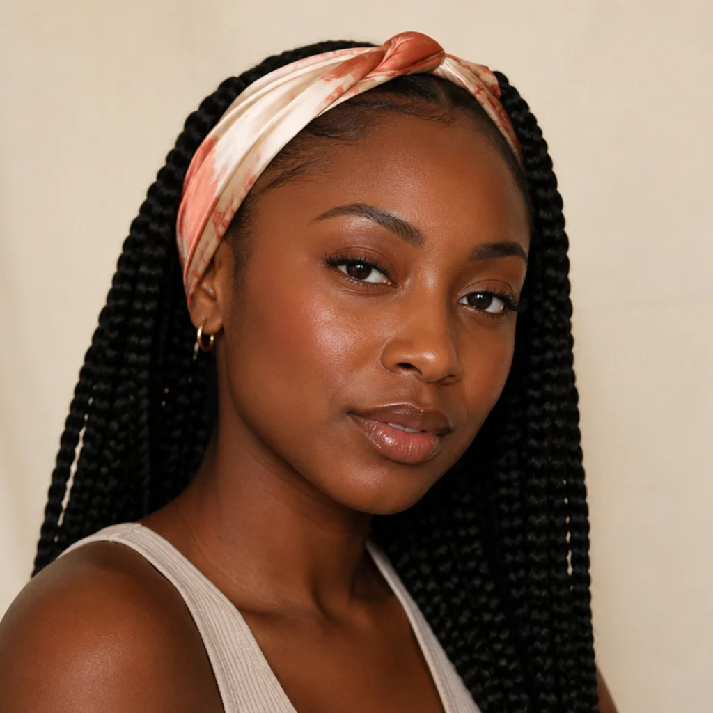 Jumbo box braids worn fully down with a silk scarf tied as a headband across the crown, three-quarter front angle against a warm ivory background