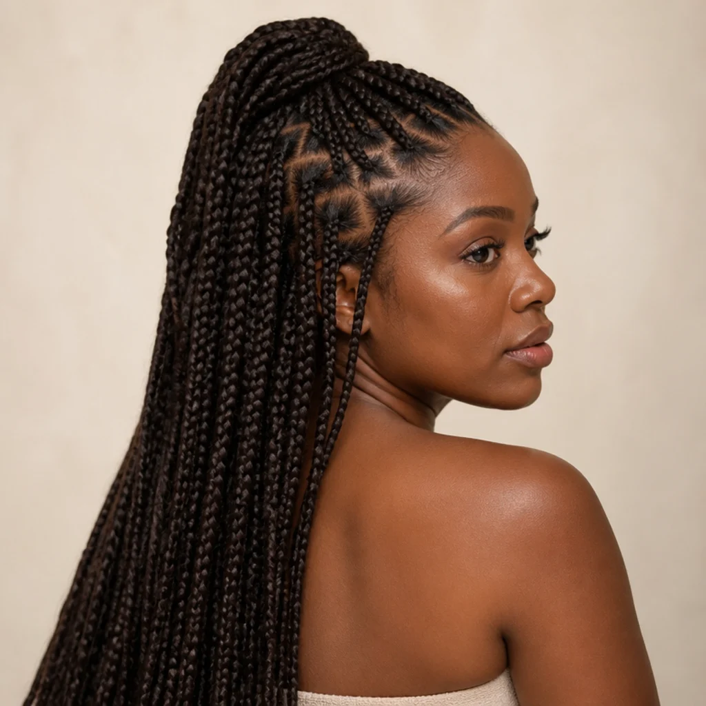 Black woman shown three-quarter back angle wearing long jumbo knotless box braids in dark brown, clean square parting visible on the scalp, styled half up