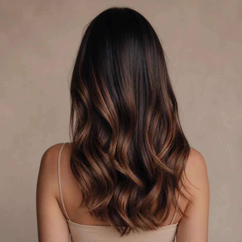 Back view of long brunette hair with hand-painted caramel balayage ribbons blending into a deep brown root