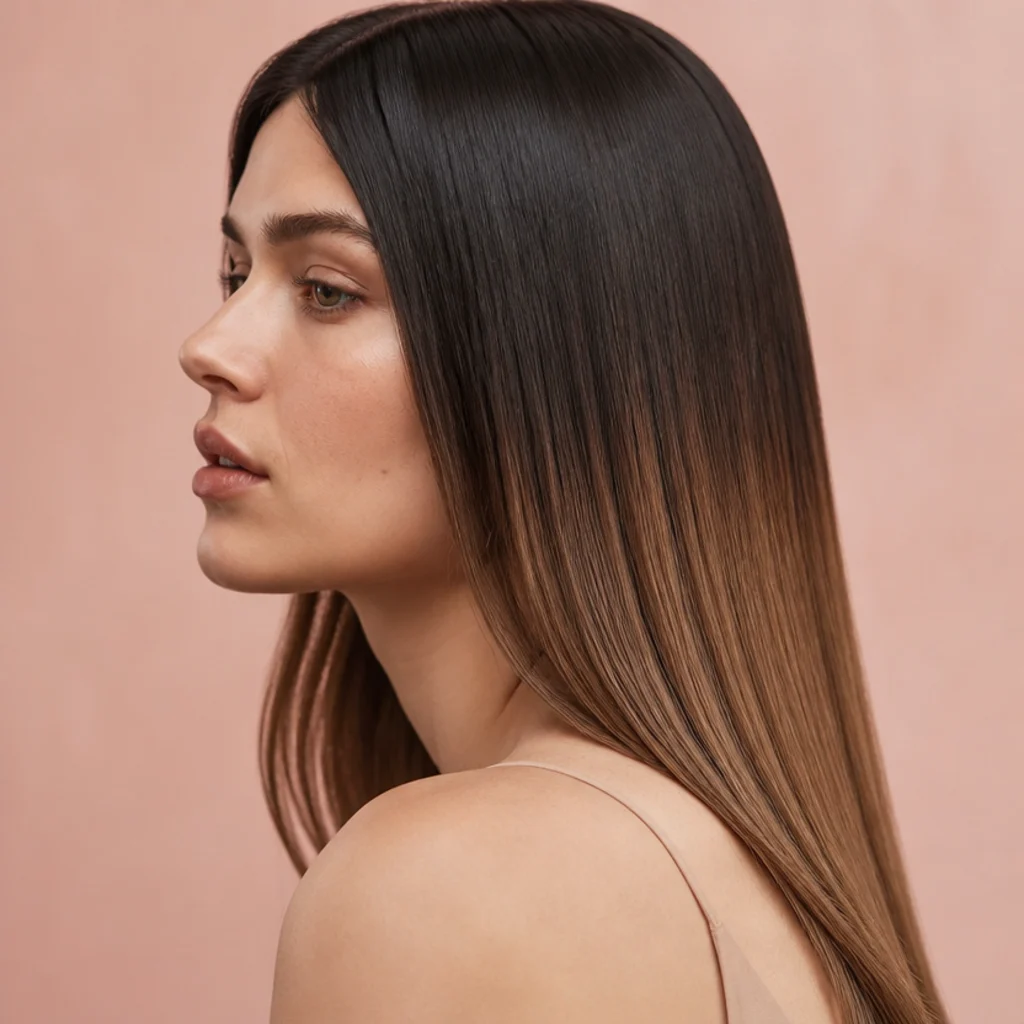 Side profile of a brunette with a cool chestnut root melting gradually into warmer honey-brown ends on straightened hair