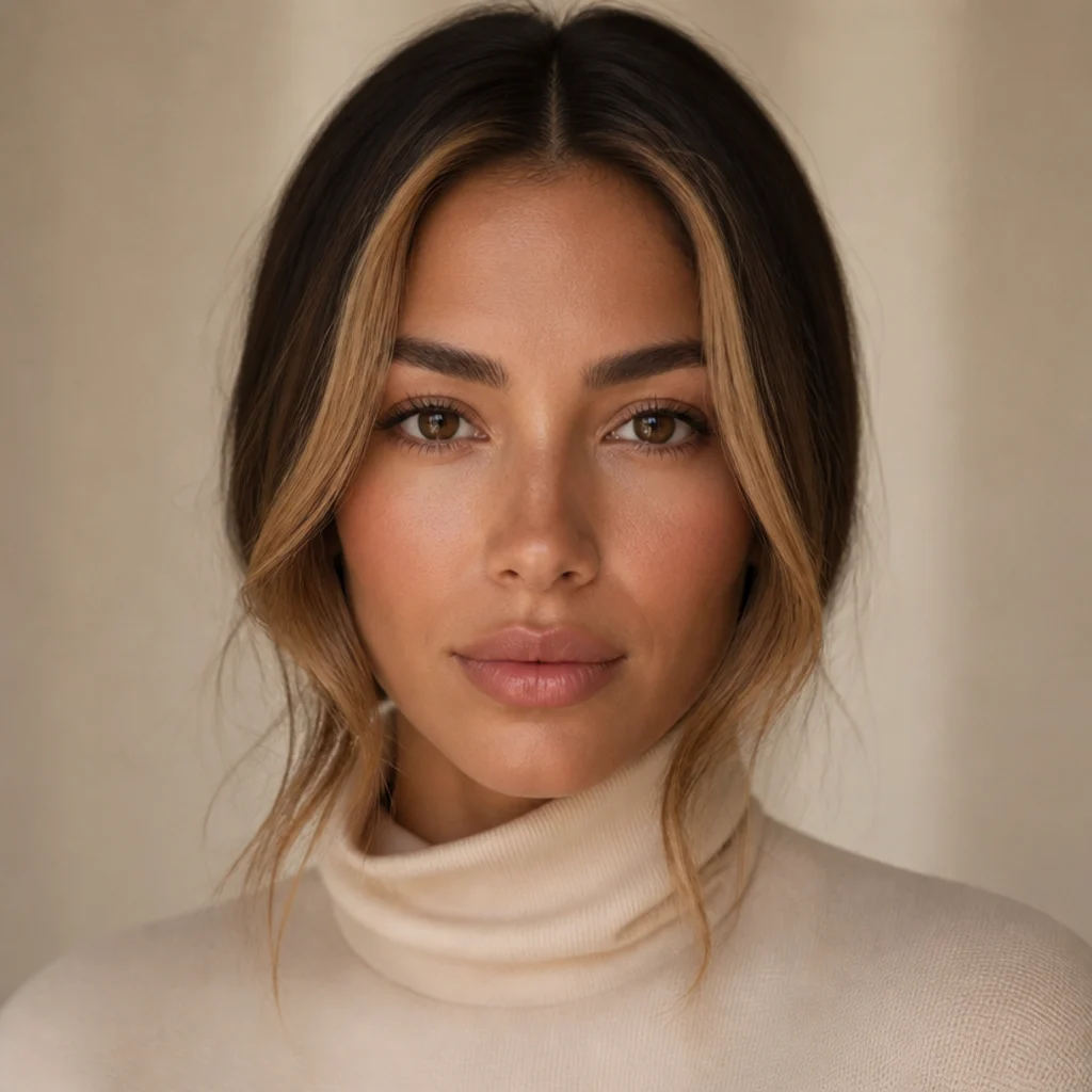 Front-facing portrait of a brunette with bright caramel money pieces framing the face against a deep brown base