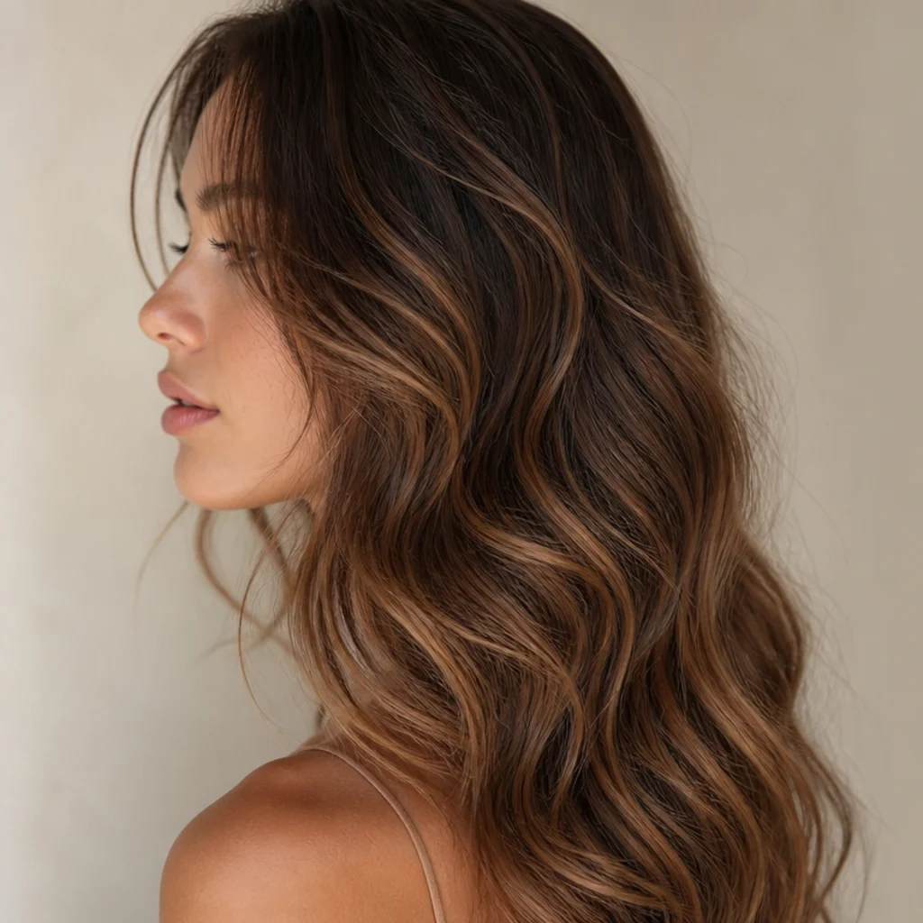 Side view of long brunette hair with delicate all-over babylights creating a soft, diffused glow on loose waves
